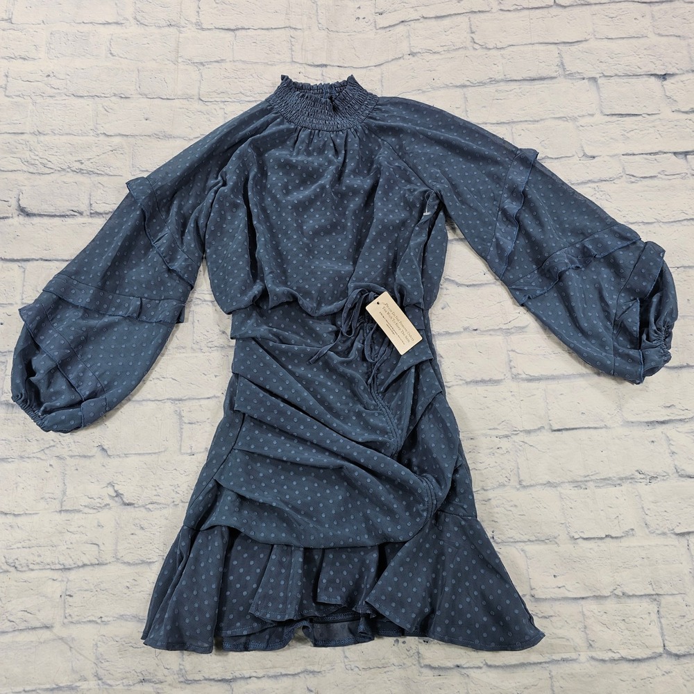 Two Sisters The Label Dress XS Slate Blue Clip Dot Smocked Ruffle Sleeve Ruched